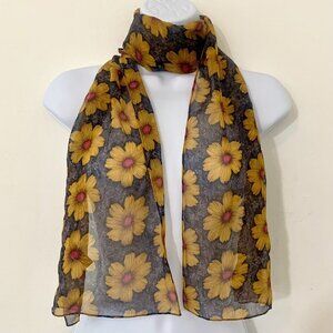 100% Silk Chiffon Gold Floral Scarf  USA Made - By Kenneth Cole New York - EUC